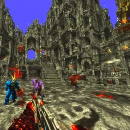 Hexen, unreal tournament, first person shooter, video game sceenshots, doom 2, duke nukem, daggerfall, 90’s, scifi, colorful, 90’s 3d, 90’s mall inside, cute, gundam models, Happy, 90’s video game 3d, vaporwave, city, crypt underworld video game, cryptworlds video game, cicada marionette