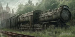 abandoned train of hogwarts on tracks overgrown by nature with large puddles of water flooding part of tracks, 8k resolution, high-quality, fine-detail, intricate, digital art, detailed matte, volumetric lighting, illustration, 3D octane render, brian froud, howard lyon, selina french, anna dittmann, annie stokes, lisa parker, greg rutowski