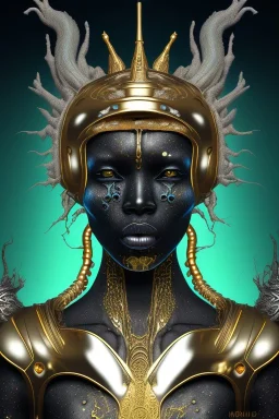 black African alien, cracks in the head, wicked, Asian eyes, crown, blood, 8k, finely detailed, photo realistic, Boris Vallejo style turquoise skull head gold dragon space alien rain skeleton silver helmet silver space suit spaceships