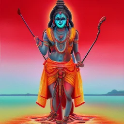 An oil painting of goddess Kali crossing a lake, neon red colors