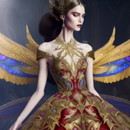 stunning extrem opulent haute couture gown designed by Marchesa inspired by fairies, realistic epic elegant fantasy color mix of black and gold and dark red,decorated with precious stones, detailed, high quality, intricate, fantasyland background,