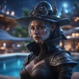 pen outline, layered, portrait of dark space witch hunter with strong gaze, by the pool, pool contains floating turtle tank star ship of extreme complexity and beauty,bokeh like f/0.8, tilt-shift lens 8k, high detail, smooth render, down-light, unreal engine