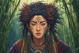 full color front facing portrait of a female shaman with highly detailed hair and facial features, trekking through haunted mountain bamboo forest, pierced by shafts of early evening light , art in the style of spirited away, studio ghibli, 8k , finely detailed and precise line work