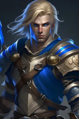 dnd, fantasy, high resolution, portrait, charismatic blonde male rogue with blue eyes, athletic body with quality rogue armor, 13 knives attached to the armor