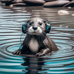 a cute otter swimming in a river wearing headphones