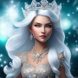 Ice Princess with white hair, a crown with precious stones, bright background