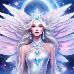 donna cosmica molto sorridente in uniforme galattica argentata succinta , ali grandi trasparenti con pietre preziose, corpo intero, viso bellissimo e sorridente, lineamenti delicati, capelli lunghi bianchi con perle azzurre, rosa azzurri, diamante sulla fronte, gioielli bellissimi con pietre preziose, dettagli decorativi, dettagli intricati