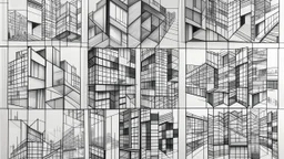 The image is an abstract composition of multiple square panels arranged in a grid-like pattern. The panels are made of different shades of grey and white, creating a textured and layered effect. The top panel has a black and white line drawing of a building, while the bottom panel has several smaller panels with a white background. In the centre of the image, there is a triangular shape that appears to be made of glass or a similar material. The overall composition is symmetrical and has a sense