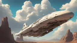 A Spacecraft, shaped like a passenger jet, without wings, hovering above a road in a ruined alien city, blue sky, white clouds