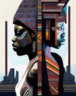 a couple of people standing next to each other on a street, yikes art, afrofuturism, facing each other, portrait of an arafed angularity, art cracking the road, angular aztec vibe