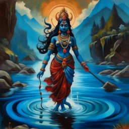 An oil painting of goddess Kali crossing a lake