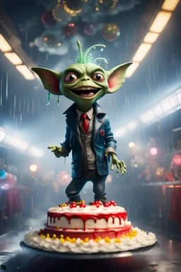 portrait of happy disco gremlin virgin alien standing in a mega cake on a speeding locomotive in a wind tunnel birthday party in a storm cloud, in the style of a fallout 4,bokeh like f/0.8, tilt-shift lens 8k, high detail, smooth render, down-light, unreal engine, prize winning