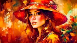 Vintage art, brown and orange shades, sunny day, straw hat for woman, summer dress, splashes of art, in the style of Dante Gabriel Rossetti, Yossi Kotler, Camilla D'Errico, masterpiece, fine art in the style of Carne Griffiths, Paula Hoppe