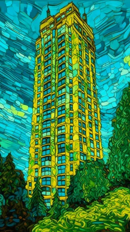 High building of 2220 , in the style of vincent van Gogh, without people and animals