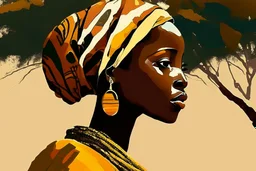 Design, African woman, oil painting, featureless, graphic, drawing without facial features, background, sky, trees, traditional clothes, look to left