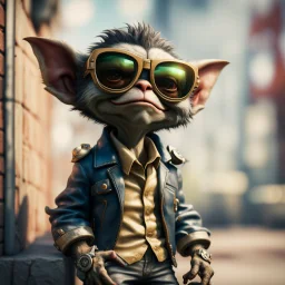 cool pimp gremlin leaning against a wall, wearing flip down sun glasses, in the style of a fallout 4,bokeh like f/0.8, tilt-shift lens 8k, high detail, smooth render, down-light, unreal engine, prize winning