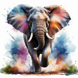 A wild <elefant> in full roar, charging forward with a fierce expression. The image is captured in a dynamic watercolor style, showcasing vibrant colors and fluid brushstrokes. Splashes and splatters around the <elefant> suggest its swift movement and wild energy. The body is particularly detailed with bright colors to emphasize its impressive size and the <elefant>'s regal presence.