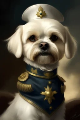 portrait to a Maltese dog in military uniform, digital paining, royal military outfit