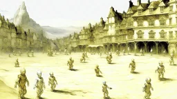 A group of white humanoid figures with large heads and distorted bodies engaged in various activities on a golden, textured landscape with mountains in the background