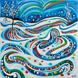 A white winter tundra with falling snowflakes designed in Kuna Molas painted by Alexej von Jawlensky