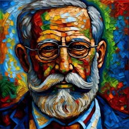 sigmund Freud en un estilo inspirado en el famoso pintor Vincent van Gogh: En un óleo vibrante y lleno de energía, Erik Erikson se retrata en el lienzo, Sus rasgos dibujados con pinceladas audaces, Capturan su espíritu en cada matiz. En la oscuridad de la noche estrellada, Su mente bulle con ideas y