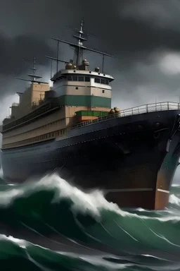 cargo ship named Belmont on rough seas realistic