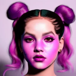 Rosalía artist, pink eyeliner, black makeup from the forehead to the cheeks, pigtails hair, gold rings, pink, geisha, led lights, fog, rain, latex, vibrant color, highly detailed, art stations, concept art, smooth, unreal engine 5, god rays, ray tracing, RTX, lumen lighting, ultra detail, volumetric lighting, 3d, finely drawn, high definition, high resolution.