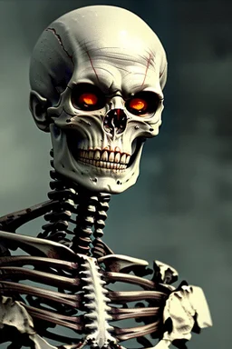 ultra high definition image of an attractive but scary looking skeleton, rising from the ashes, a war veteran, partially humanlike characteristics, army beret and ripped amo wear, very detailed, chaotic background, dramatic close-up action shot of him on a burned out war tanker with a torpedo on shoulder ready to fire and ammo ,gothic and dark theme, 12k