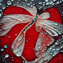  Прозрачная Бабочка из воды в белом тумане и букет венок красные стеклянные цветы в жемчужном сиянии капли дождя узкая ваза красная стрекоза абстракция