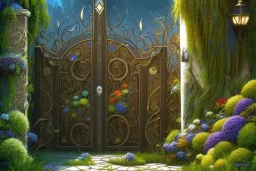 intricate ornate gate, garden, path, flowers, fine detail, high quality, Dark Fantasy,