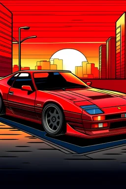 Create an illustration of a vibrant red, 1980s era sports car, parked in an urban setting with the setting sun glinting off its polished surface. The car should embody the design aesthetics of the 80s, with sleek lines, pop-up headlights, and a low, aerodynamic profile
