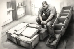 a swedish industry worker from sweden, very strong man pushing a wooden crates and IBC along the floor in a factory,very basic sketch painting like the image i uploaded, lead pencil