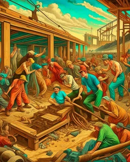 Bosch painting style ,nightmare, a lot of blacksmiths and construction workers holding shavles and construction tools working on train tracks building and digging