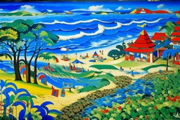 A blue beach near a farmland designed in Japanese Oni masks painted by Wassily Kandinsky