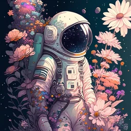 "floral astronaut" hand-drawn digital art, muted tones, flowers everywhere, colorful garden, beautiful galaxy, REALISTIC, anime, 4k, high resolution, full details