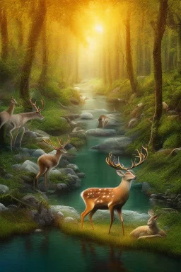 Beautiful deer drink in the river forest in the 12PM in the afternoon ín 24K Optic Resolutions, ultra HD, Professional PHOTOGRAPHY,