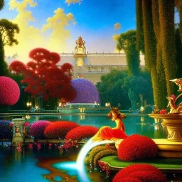 Hyperdetailed oil on canvas, young robyn lively by an ornate fountain, goldfish pond, lotus, detailed face, long muti-hued red curly hair; by gaspar camps, maxfield parrish, alphonse mucha, cyril rolando, dan mumford; luminous colorful sparkles, glitter, airbrush, octane render, volumetric lighting, 16k