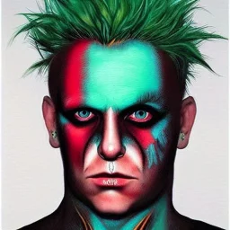 Keith Flint symmetric geometric portrait, surrealism, green hair, black metal facepaint, red eyes