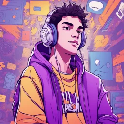 masterpiece, intricate details, a wide angle 2D anime bold line flat color illustration of a cheerful boy in a high purple hoodie and headphones in hip hop style, dopamine style, overlaying mixed patterns of pop art text and emoji device installations, sharp focus, charming character illustration, beautiful vibrant kuler palette gradient