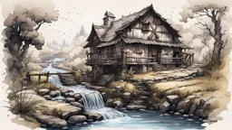 old rural (watermill:1.6) built upon a bubbling brook, ink paint, enchanted fairy tale vibe