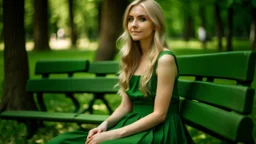 A young woman with long blonde hair wearing a flowing green dress sitting on a bench against a blurred green background