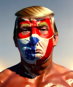 Realistic image of Donald trump wrestler, Mexican wrestling style, Mexican wrestling mask, chin and nose visibles, red and blue breeches, glow us flag dress, suspenders, retro style, 80s, vibrant color, highly detailed, sky background, concept art, unreal engine 5, god rays, ray tracing, RTX, lumen lighting, ultra detail, volumetric lighting, 3d, finely drawn, high definition, high resolution.