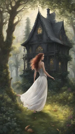 slim nymph dancing in a woodland clearing, with a gothic woodland house behind her.