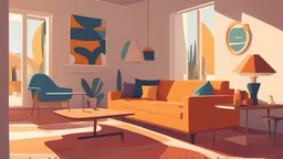 a painting of interior catalonian minimalist living room, in style of spanish "vida buena", mediterranean lifestyle, indoors :: summer holidays, catalan style, catalonian contryside, Catalonia, Spain:: a storybook illustration by James Gilleard, accurate details, behance contest winner, 2d game art, storybook illustration, rich color palette