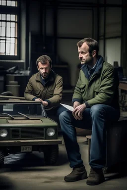 two haggard in their mid 30s looking men working in a land rover warehouse