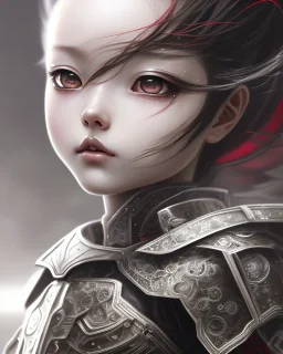 Detailed anime child girl, dark brown hair, black and red dragon scale armour, intricate details, full body portrait, keep head in frame, slight smile, black Japanese motif, concept art, highly detailed, digital painting, concept art, sharp focus, illustration, art by Yoji Shinkawa, WLOP and greg rutkowski and alphonse mucha and artgerm and yanjun Chen and Junji ito and Makoto Shinkai, HDR, octane render