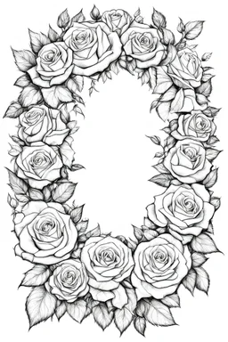 Outline art for wreath from roses. Coloring pages with wreath from roses. white backgroud. Sketch style, full body, only use outline, clean line art, white background, no shadows and clear and well outlined. black outline, black and white only. only outline should be black everything else should be white