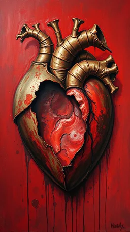 Bosch style painting , A rusty metallic open heart in details on red bloody background