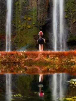 reflection of girl in mist of waterfall