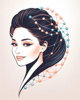 a woman smiling face, close eyes, pastel peach colors, DNA molecule hair thread imitation,